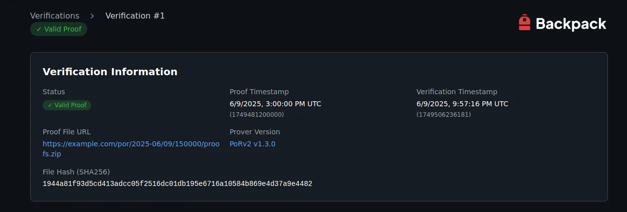 Backpack’s verified proof entry on the PoR verifier server, showing status, timestamps, proof file URL, prover version, and file hash