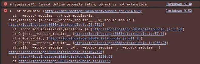 Console error showing the chalk malware failing under Lavamoat with “Cannot define property fetch, object is not extensible”