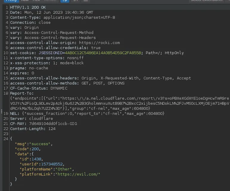 Server response confirming the targeted user’s social media link was successfully modified