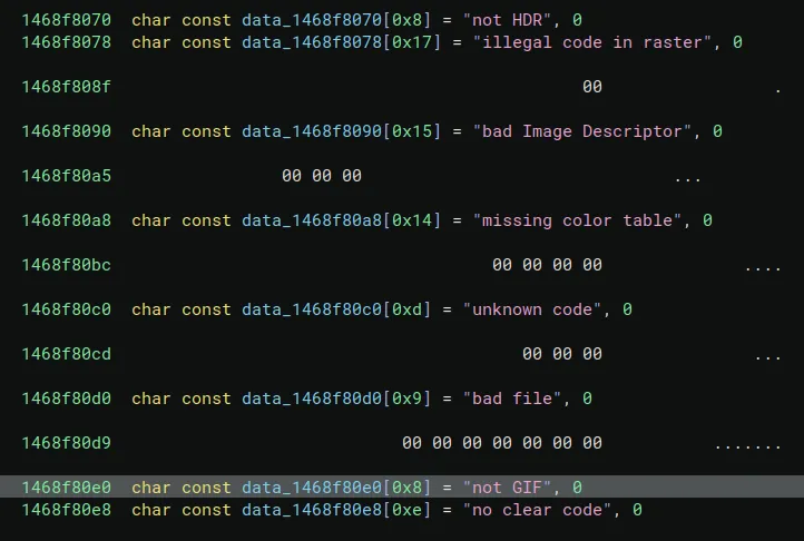 Reverse engineering string search results showing GIF parser error messages from stb_image.h