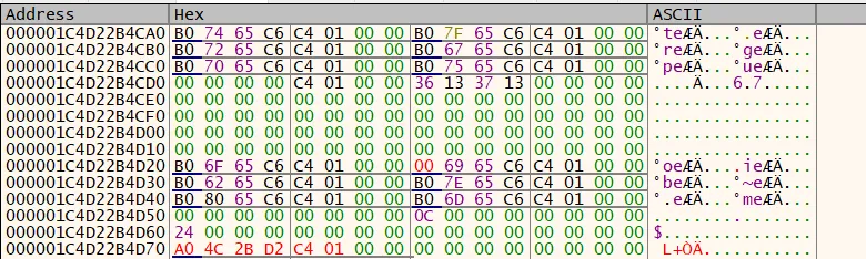 Debugger view of the MolangVariableMap buffer after the Molang script modifies a variable pointer