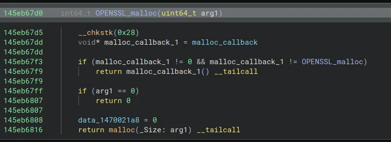 Decompiler view of OpenSSL malloc and free callback handling in the Minecraft binary