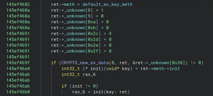 Decompiler view of ossl_ec_key_new_method_int assigning default_ec_key_meth