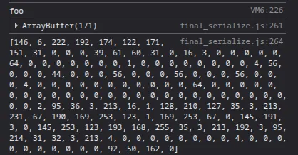Console output showing the Wasm module serialized on the device