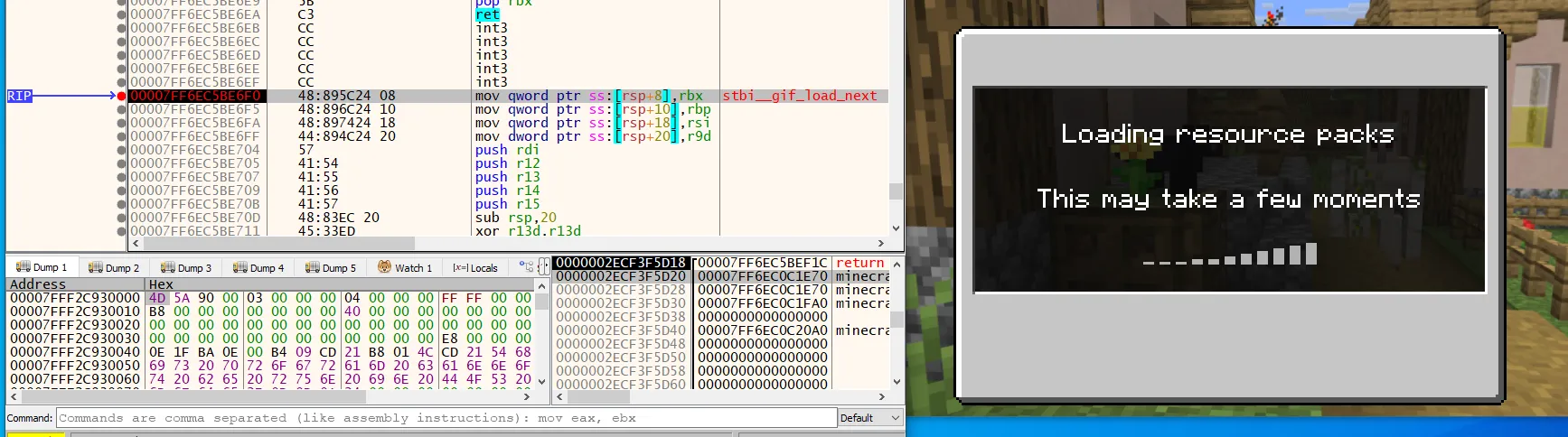 Debugger stopped at stbi__gif_load_next while loading a Minecraft resource-pack GIF