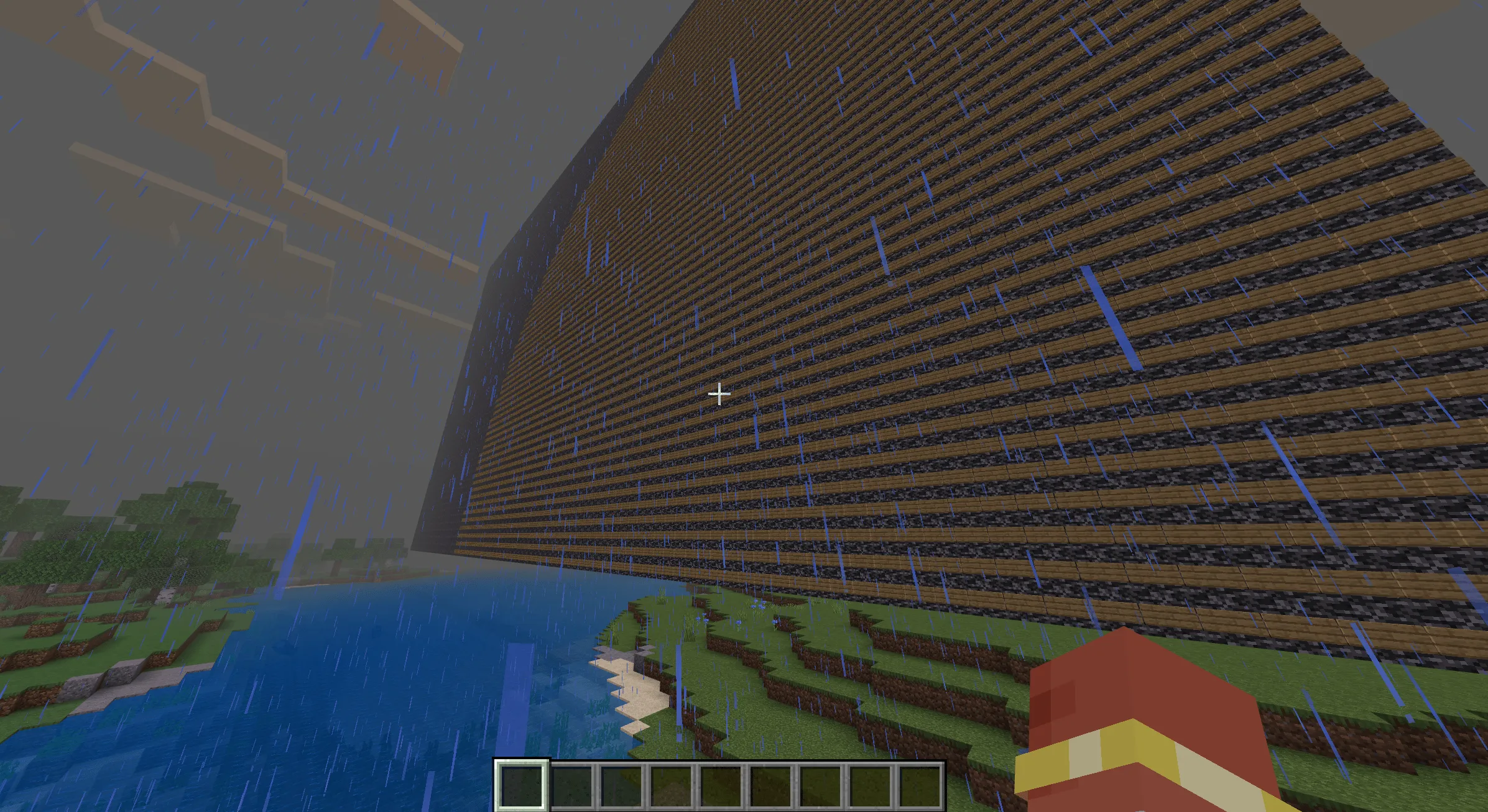 Minecraft client facing away from a generated wall of signs used for heap spraying