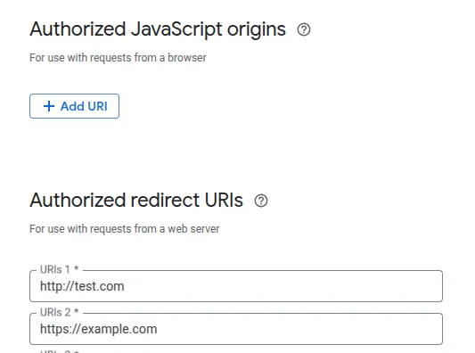Google Cloud Console showing the authorized origins and authorized redirect URIs settings