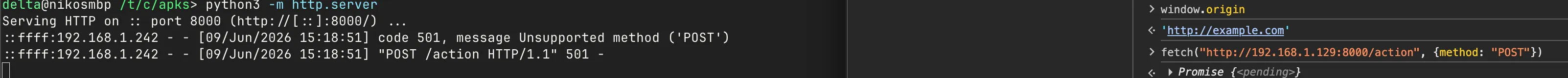 Demonstration that a dApp at origin http://example.com can fetch a local-network address (192.168.1.129) with no permission prompt: a local Python HTTP server logs the incoming POST request while the browser console issues the cross-origin fetch