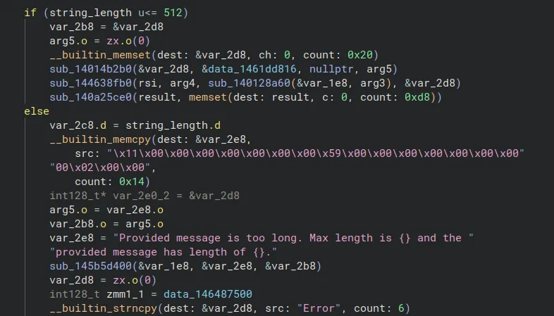Disassembly view of the server-side sign text length validation logic