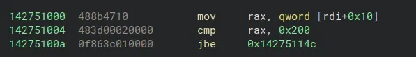 Assembly comparison checking a sign text length against 0x200 bytes before a jbe branch