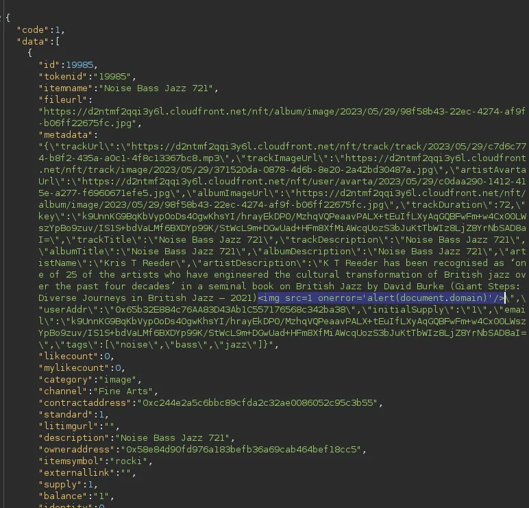 Unsanitized artistDescription parameter accepting arbitrary HTML in a Rocki NFT’s metadata