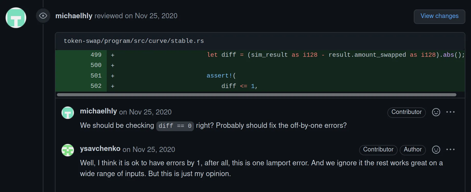 GitHub pull request review on stable.rs where a maintainer dismisses the off-by-one error as acceptable