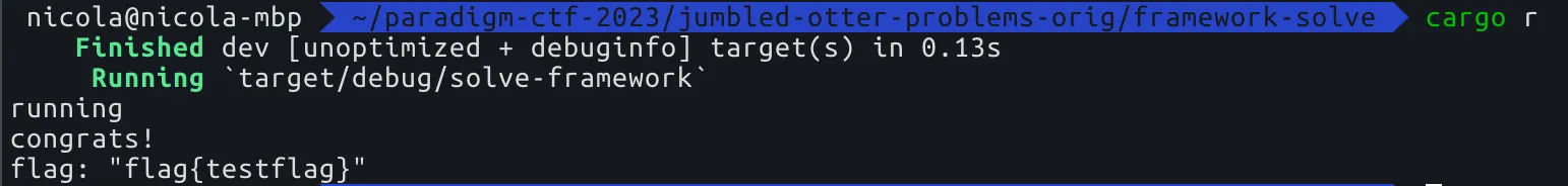 Terminal output showing the sample program retrieving the flag in the test environment