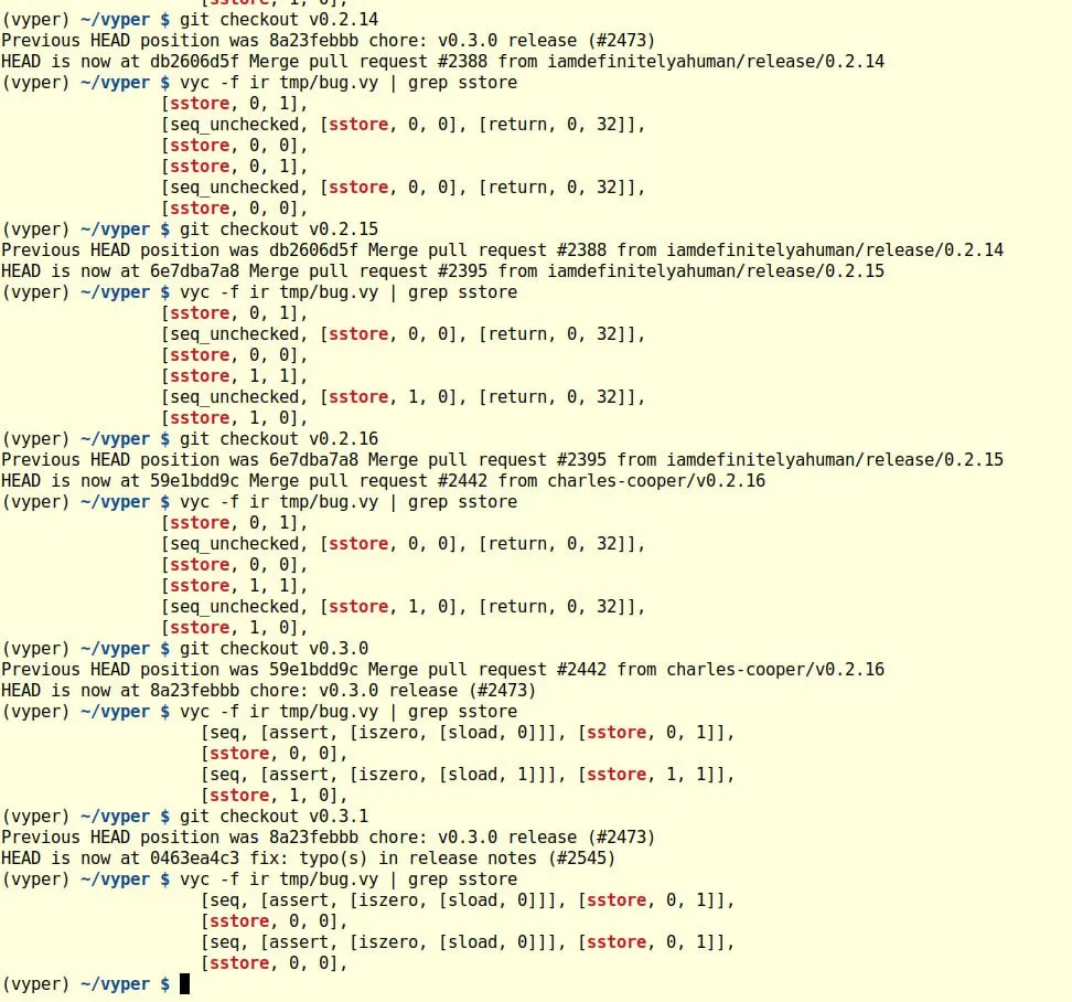 Terminal output inspecting Vyper compiler releases, showing vulnerable versions emitting the same sstore slot for both nonreentrant locks