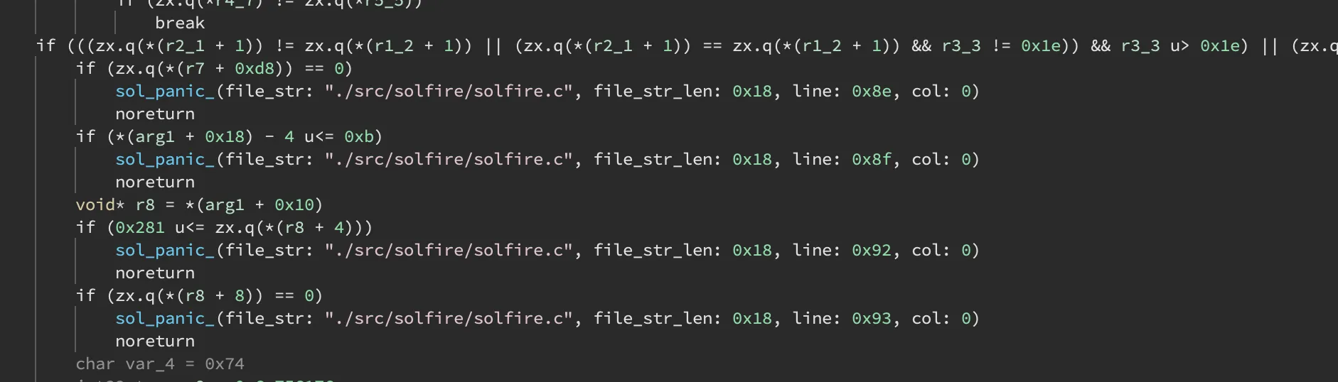 Decompiled code in Binary Ninja showing sol_panic_ calls with their full function signatures applied