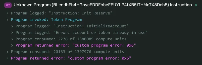 Program log showing the “account or token already in use” error
